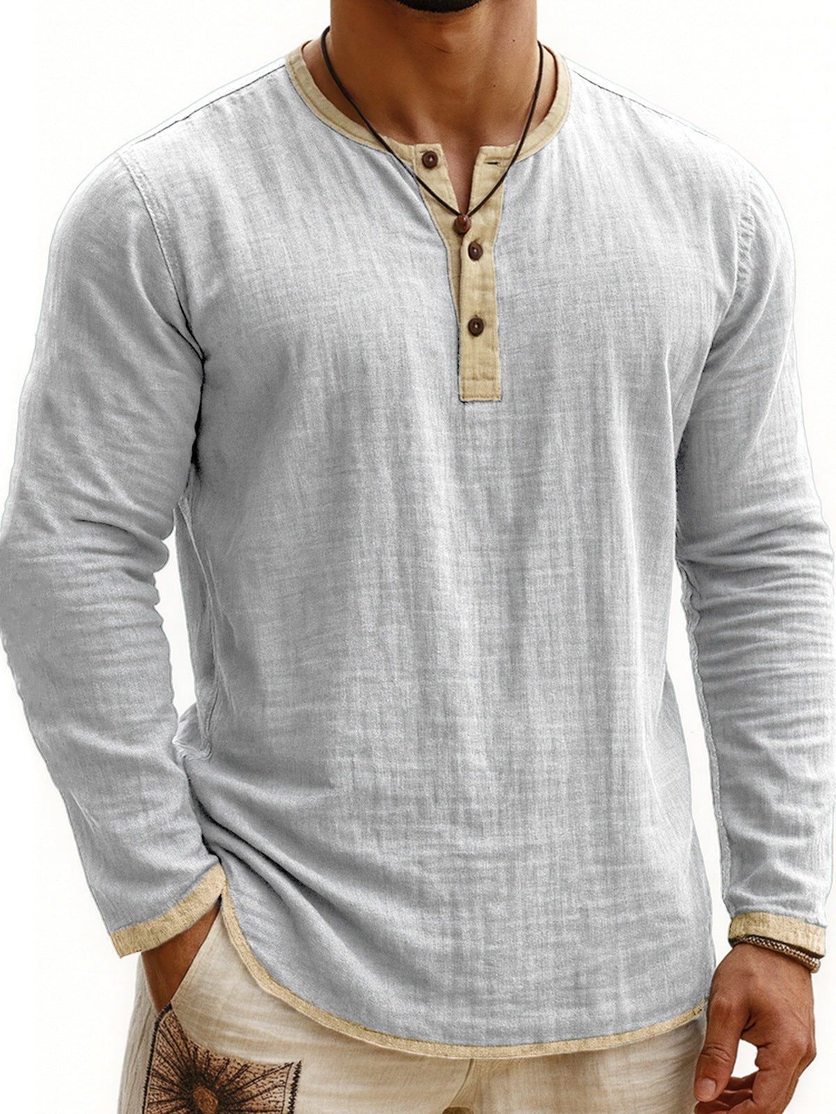 Men's Long Sleeve Henley Shirt – Slim Three-Button Placket