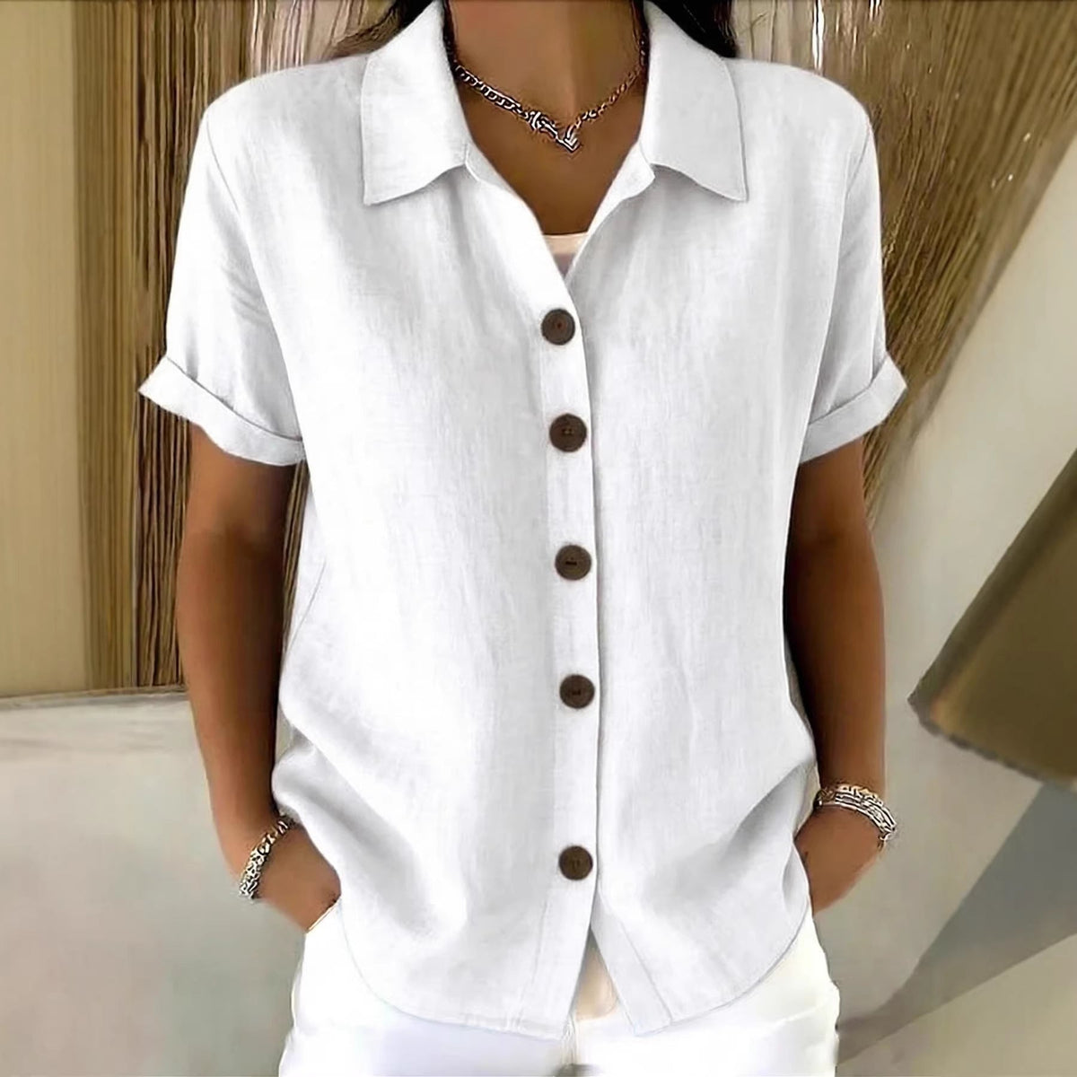 Women's Linen-Blend Shirt – Short Sleeve Button Front