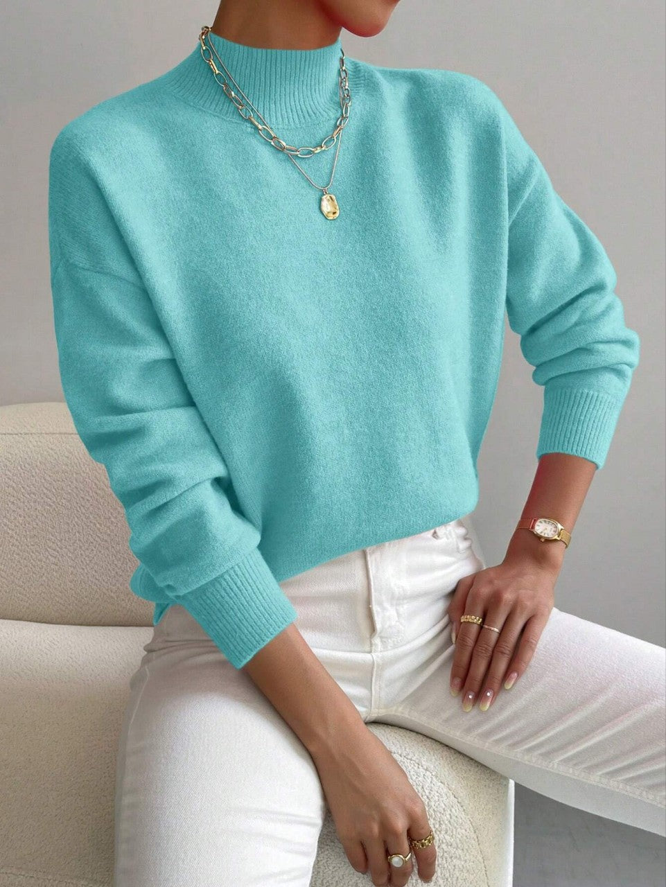 Women's Cashmere-Blend Sweater – Mock Neck Fine Knit