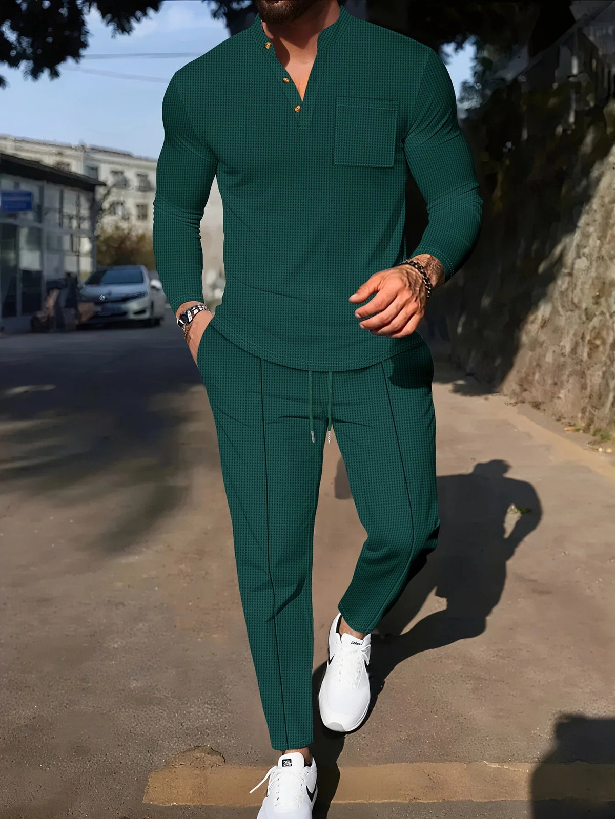 Men's Waffle-Knit Two-Piece Set – Henley and Drawstring Pants