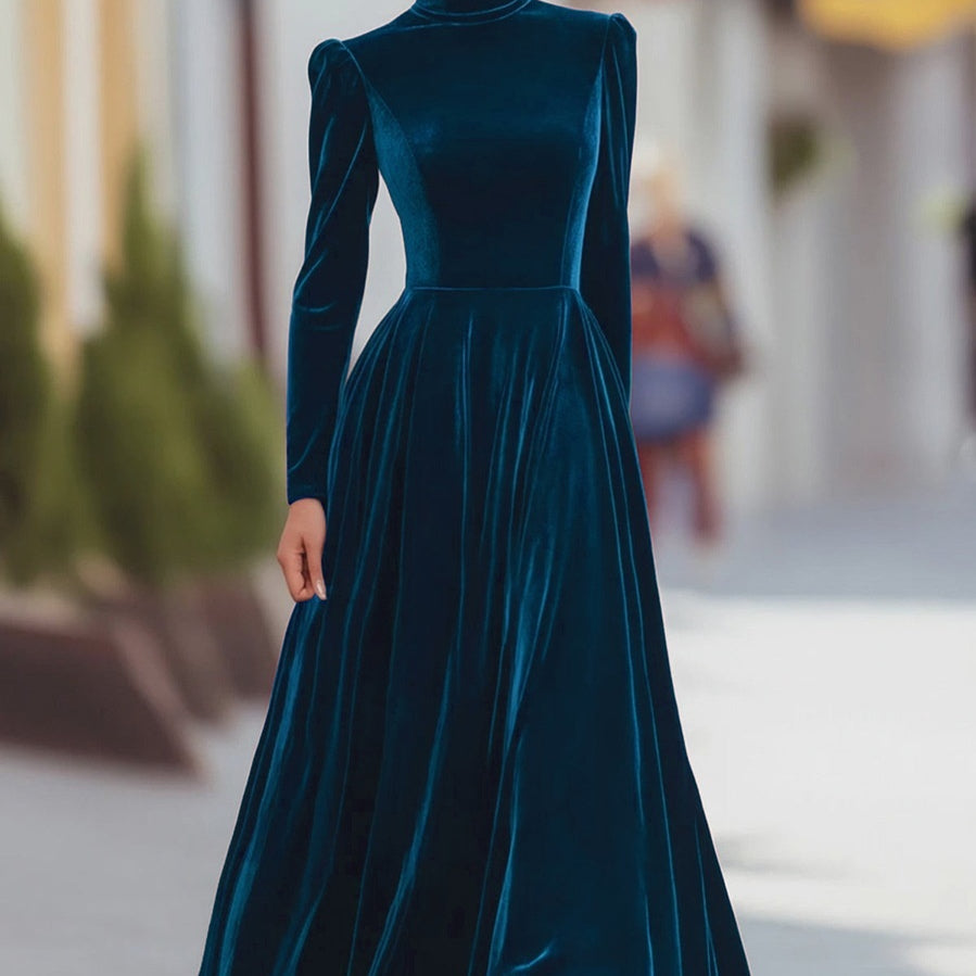 Women's High-Neck Maxi Dress – Puff Sleeve Flared Skirt