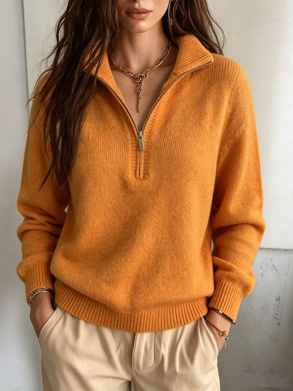 Women's Half-Zip Knit Sweater – Relaxed High Neck