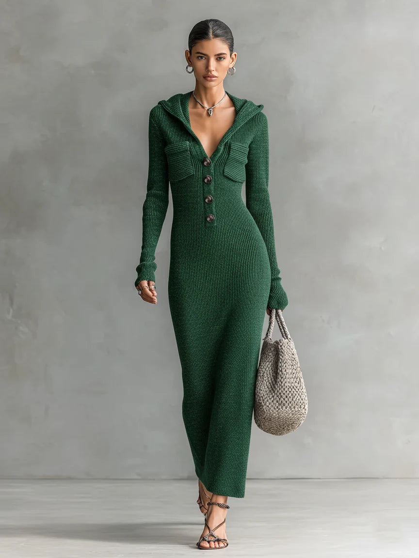 Women's Hooded Knit Maxi Dress – Slim Long Sleeve