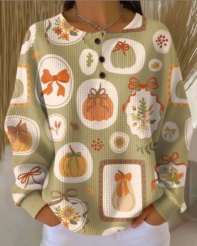 Women's Printed Hoodie – Buttoned Neckline Relaxed Fit