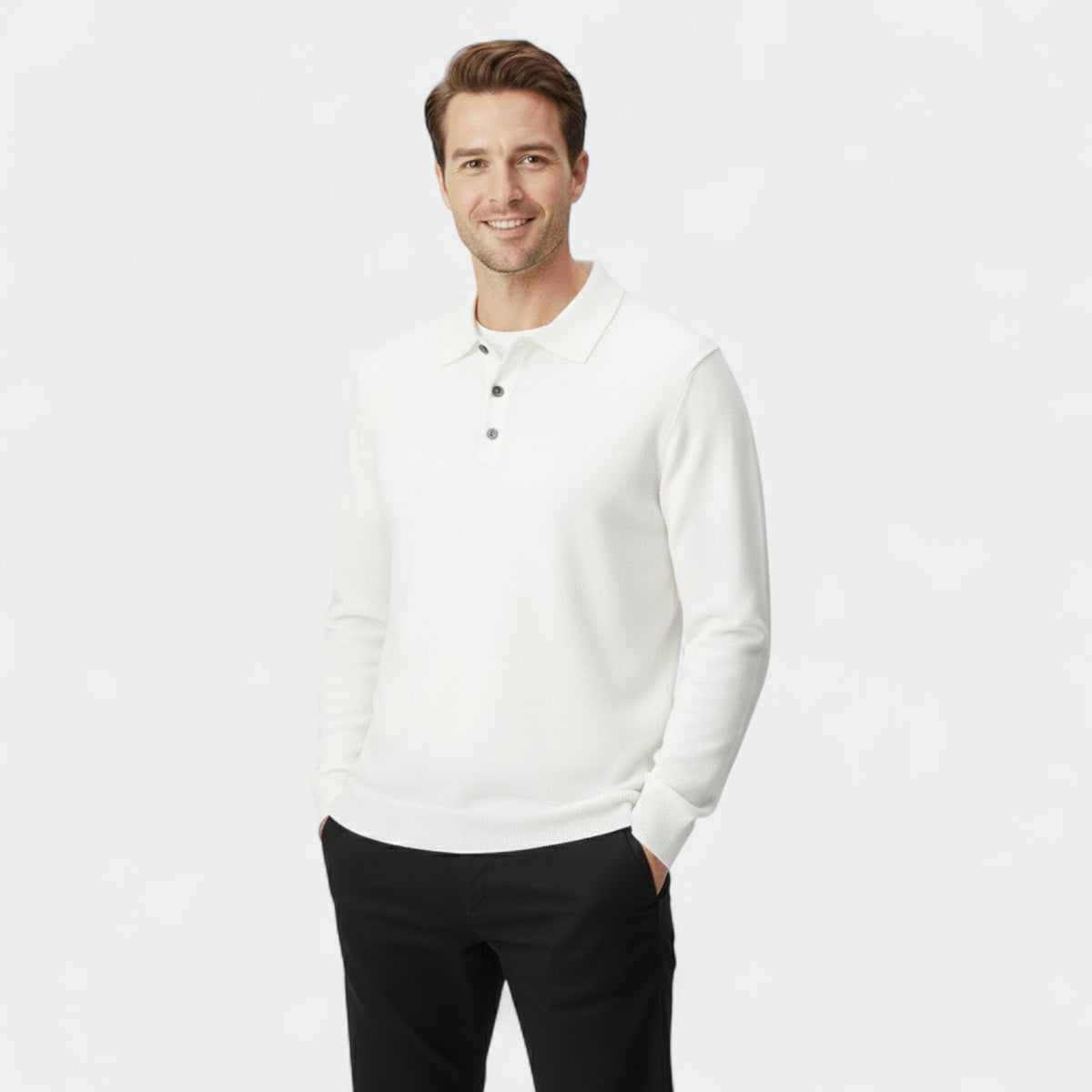 Men's Long-Sleeve Cashmere Polo – Clean Tailored Fit