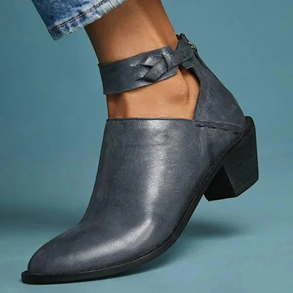 Women's Leather Ankle Boots – Block Heel Back Zip