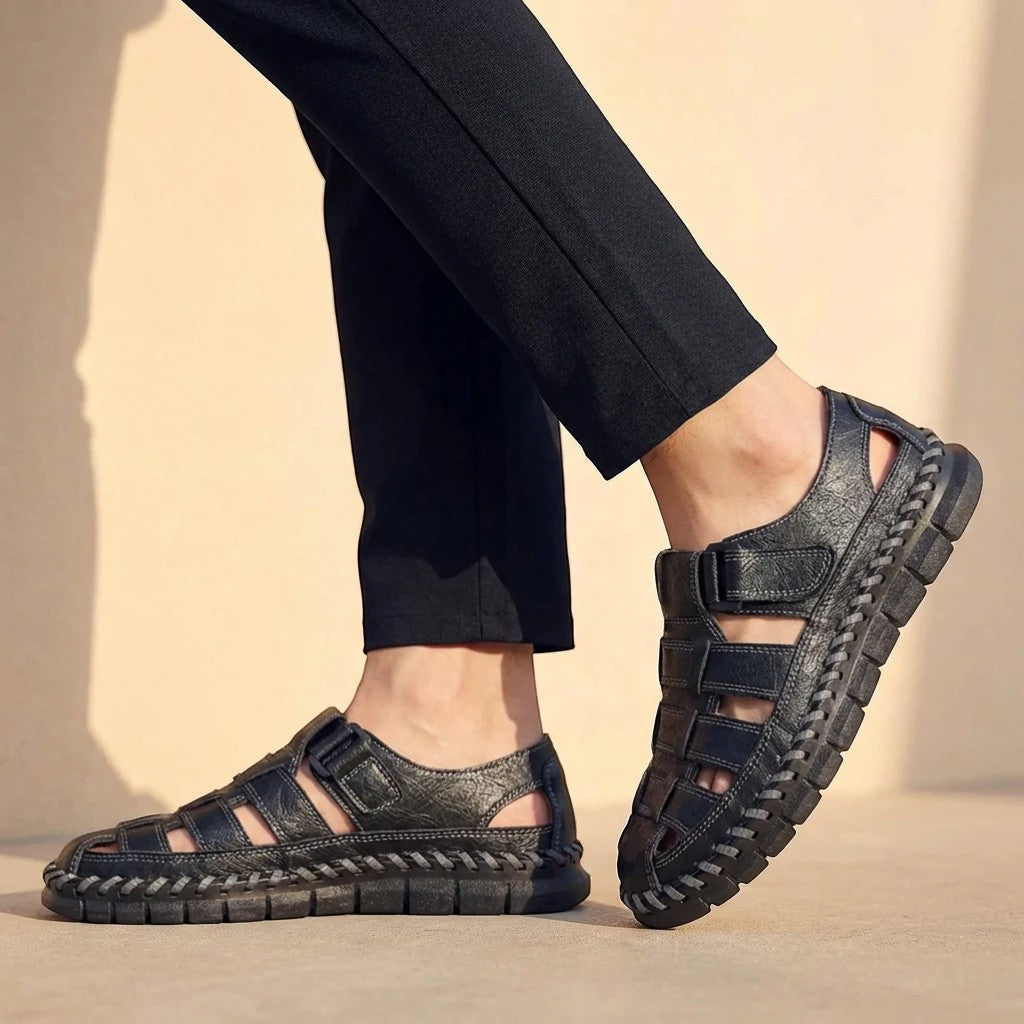 Men's Leather Closed-Toe Sandal – Cutout Hook-and-Loop Strap