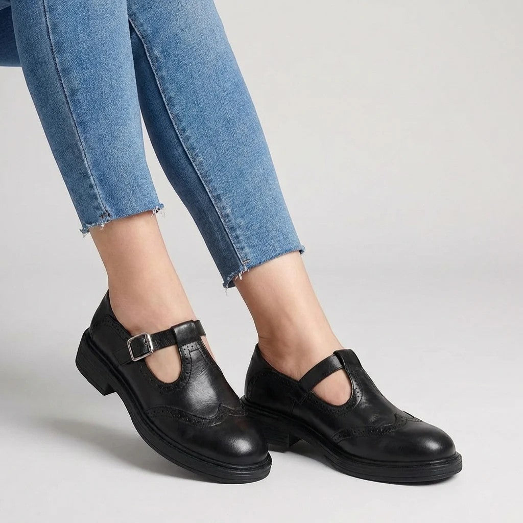 Women's Leather T-Strap Loafer – Mid Heel Round Toe