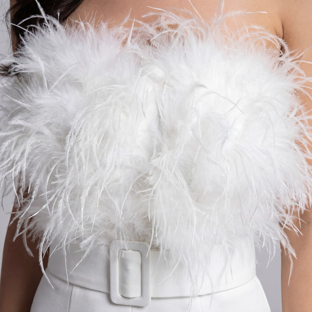 Women's Strapless Jumpsuit – Feather Trim Fitted Bodice