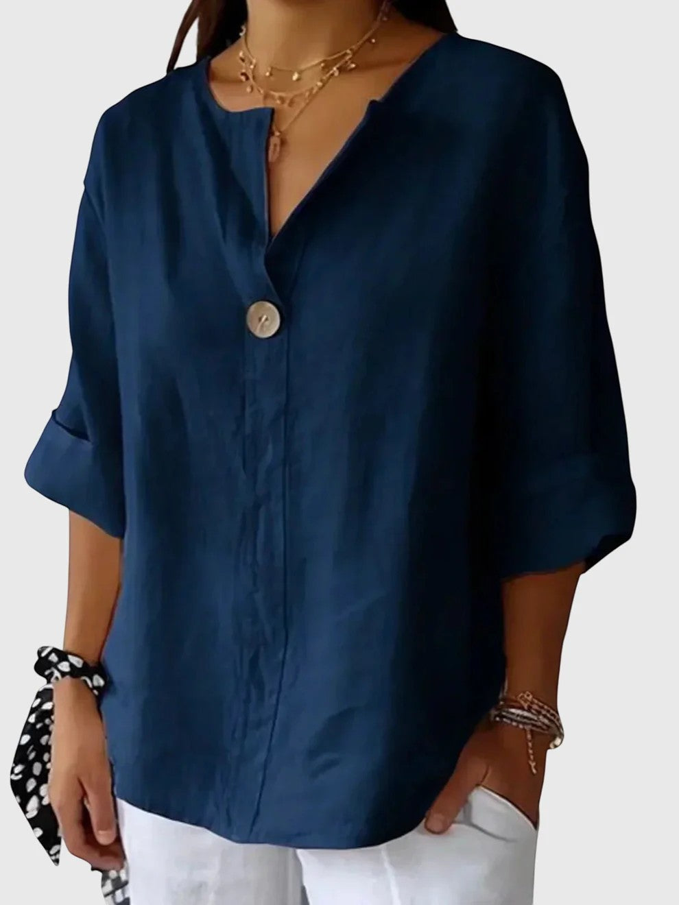 Women's Linen-Blend Button-Front Blouse – Relaxed V-Neck