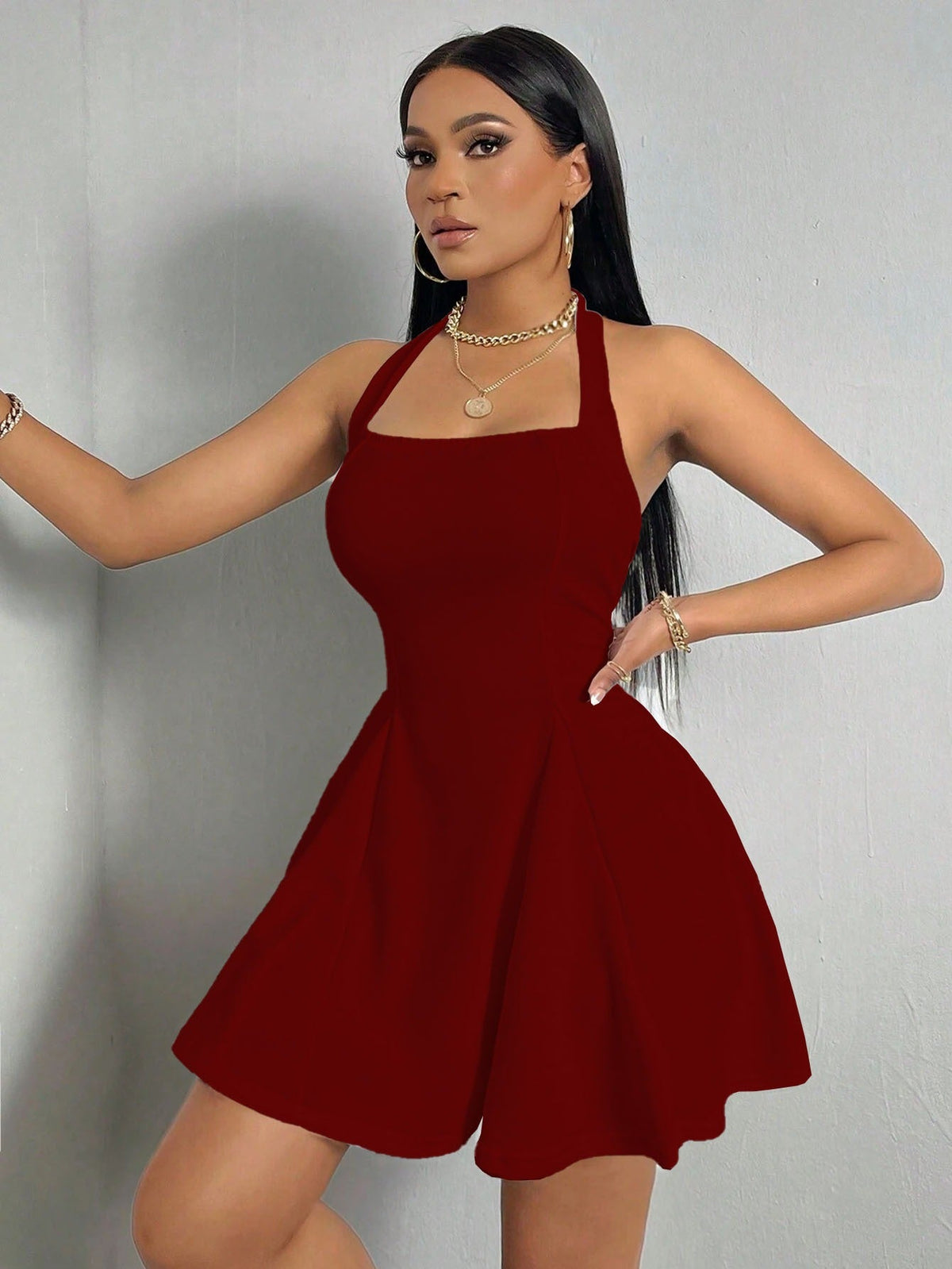 Women's Halter Mini Dress – Open Back Skater Skirt