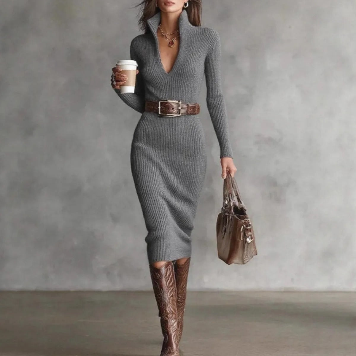 Women's Knit Midi Dress – Belted Long-Sleeve Fit