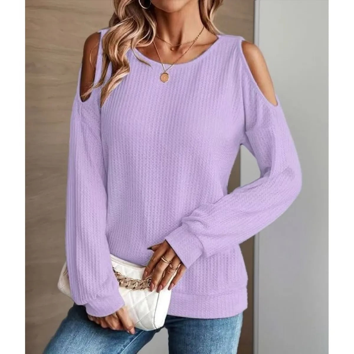 Women's Cold-Shoulder Textured Top – Long Sleeve Crew Neck