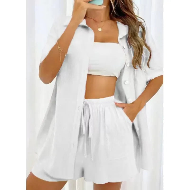 Women's Two-Piece Shirt and Shorts Set – Linen-Look Cotton