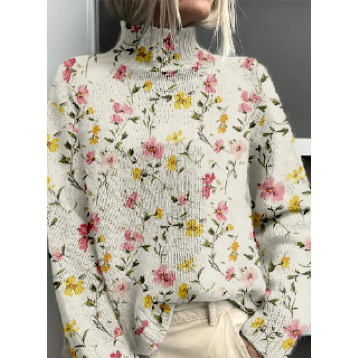Women's Turtleneck Sweater – Relaxed Floral Knit