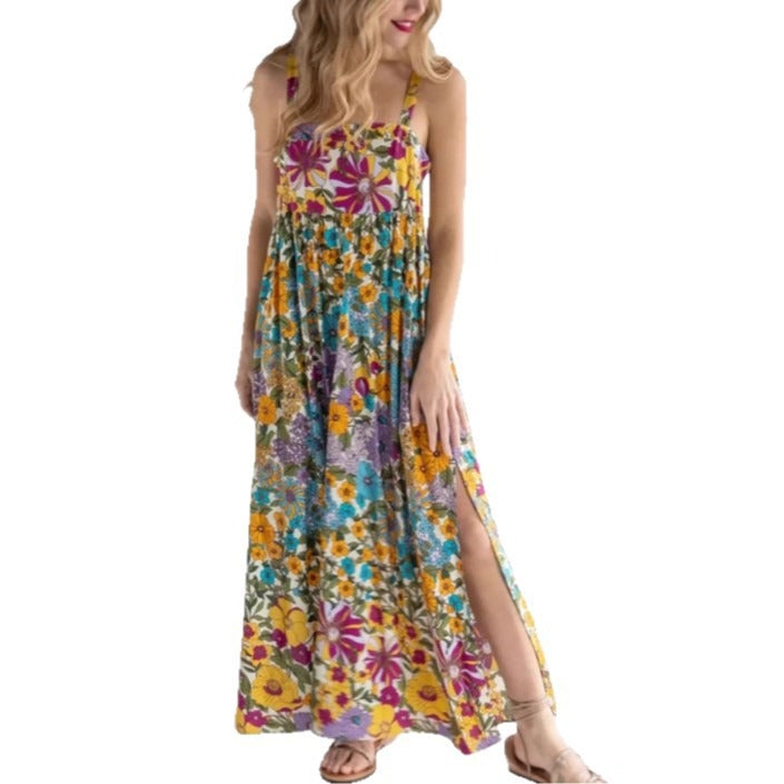 Women's Floral Maxi Dress – Side Slit Strappy Cut