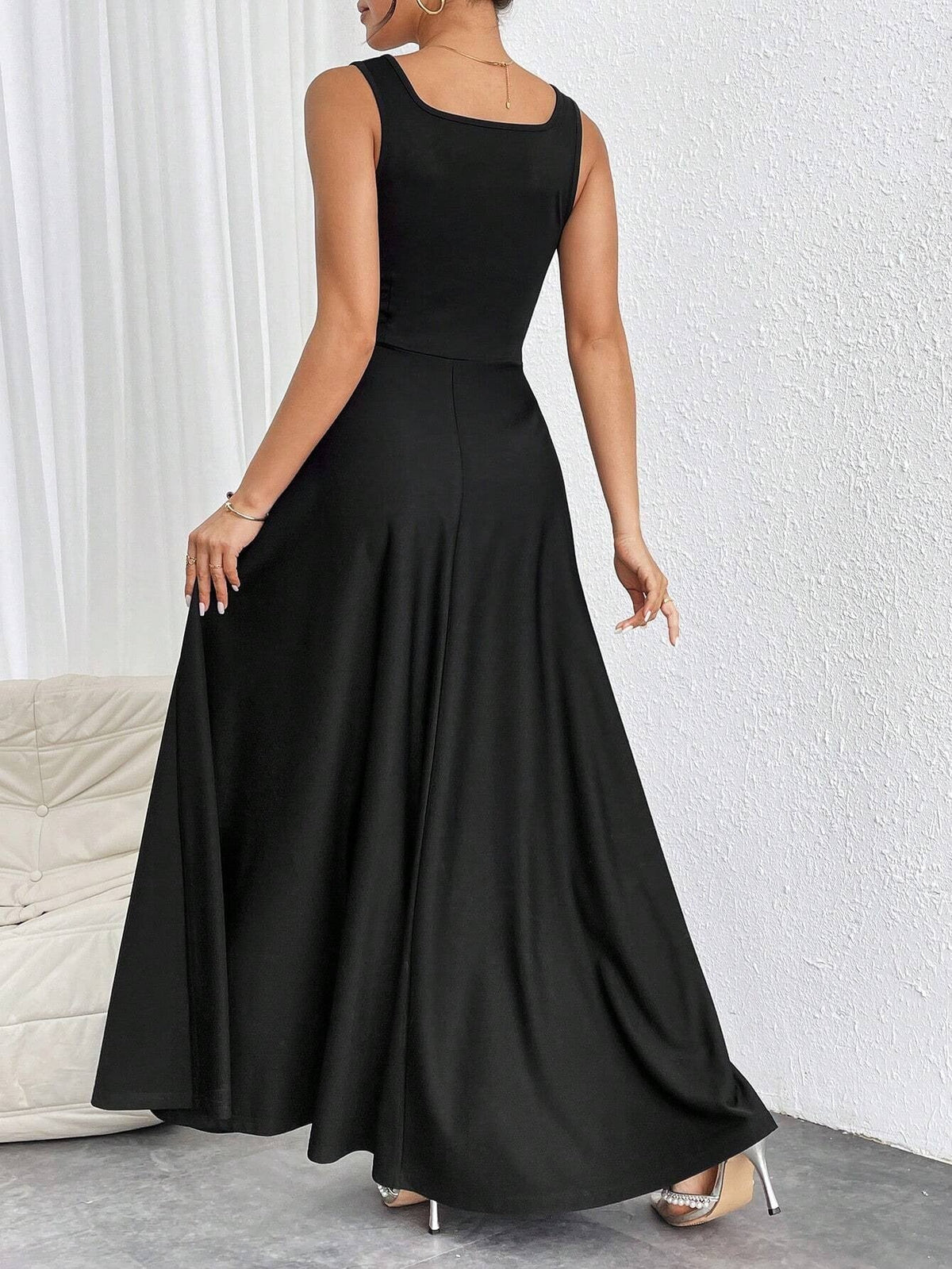 Women's Square Neck Maxi Dress – Fitted Waist A-Line