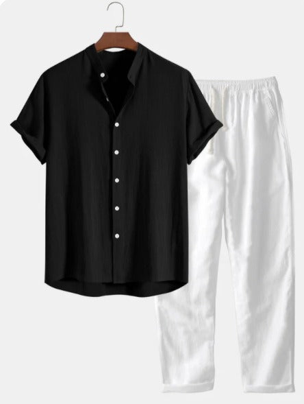 Men's Linen Two-Piece Set – Short Sleeve Drawstring