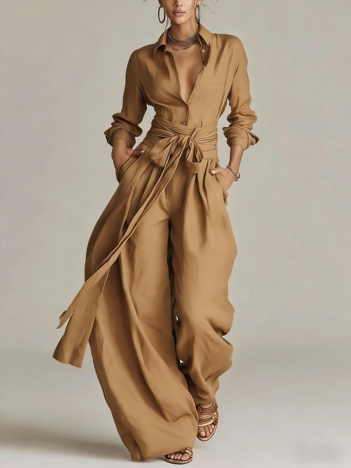 Women's Linen-Cotton Two-Piece Set – Tie-Waist Shirt and Pants