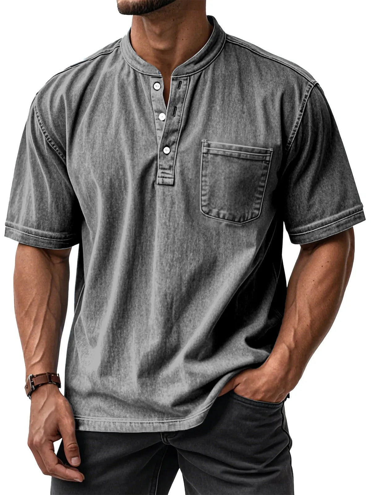 Men's Short-Sleeve Cotton Shirt – Relaxed Round Collar
