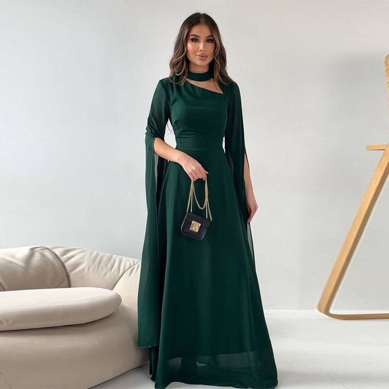 Women's A-Line Maxi Dress – Asymmetric Cutout Neckline