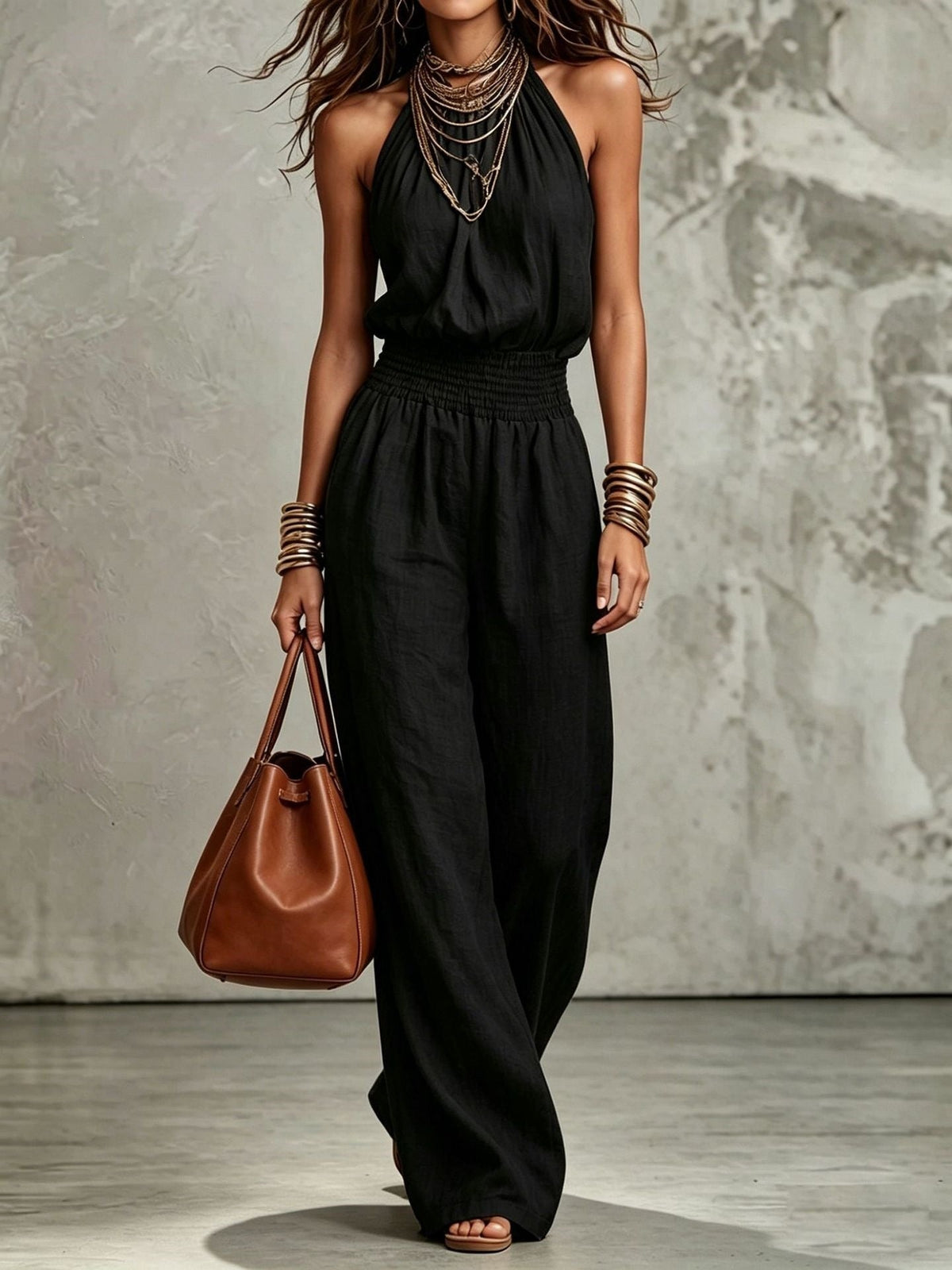 Women's Halter Neck Jumpsuit – Smocked Waist Wide Leg