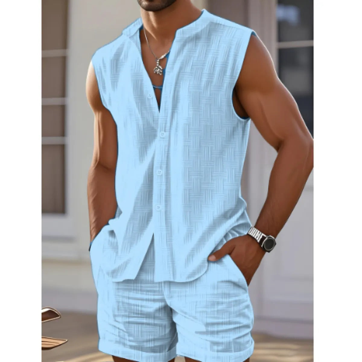 Men's Cotton-Linen Vest – Open-Front Stand Collar