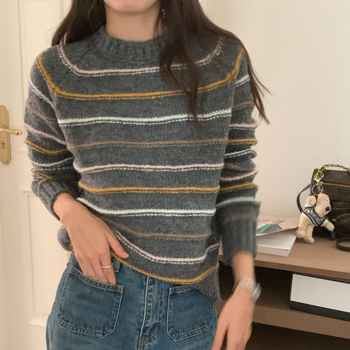Women's Striped Knit Sweater – Crew Neck Raglan Fit
