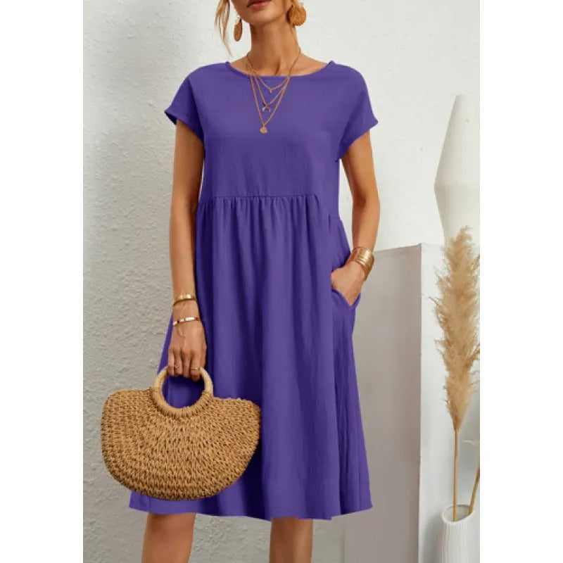 Women's A-Line Midi Dress – Short Sleeve with Pockets