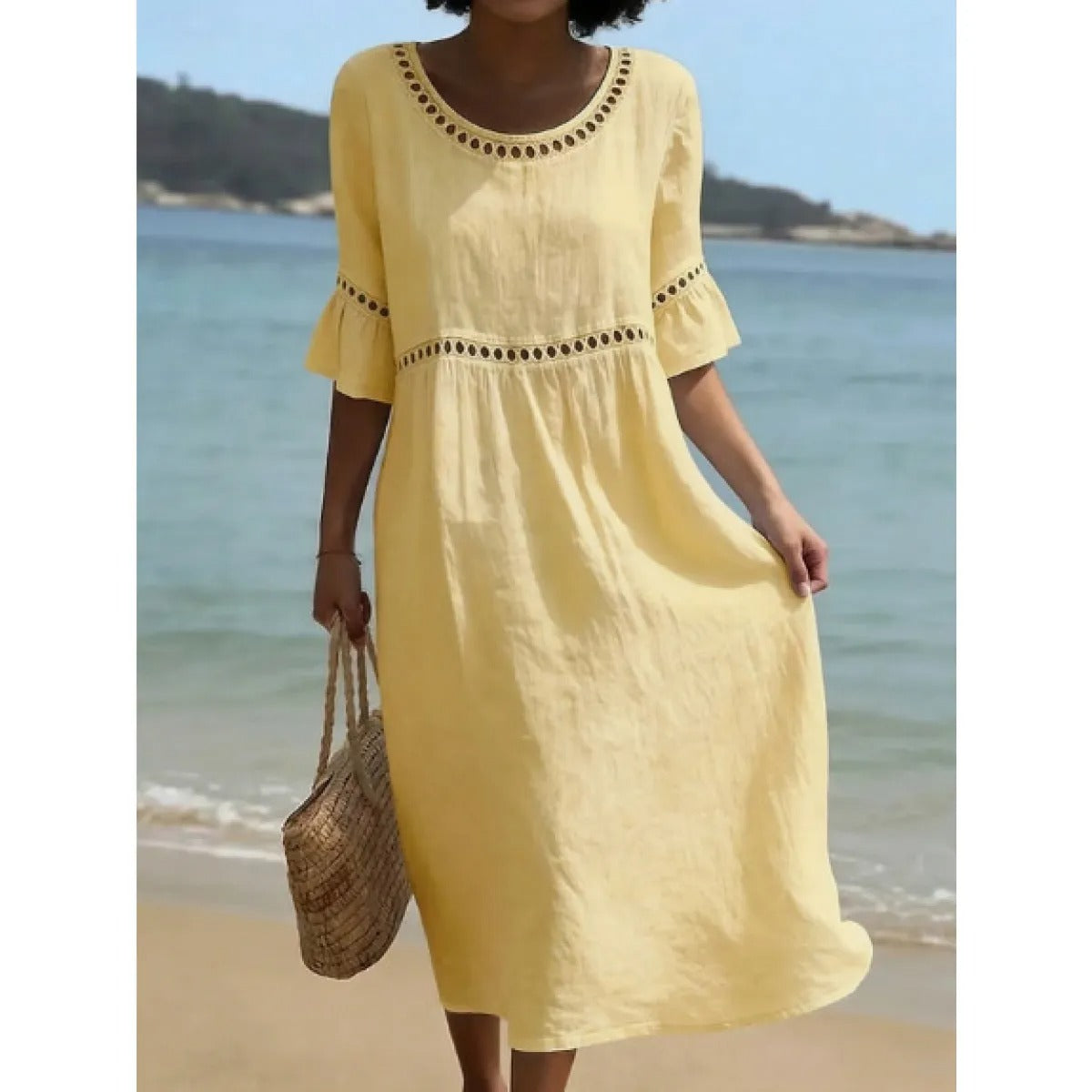 Women's Crew Neck Midi Dress – Three-Quarter Sleeve