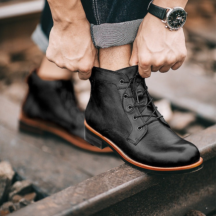 Men's Lace-Up Leather Boot – Round Toe Ankle Support