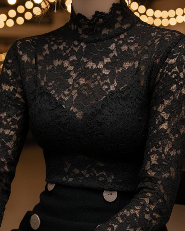 Women's Lace High Neck Blouse – Fitted Scalloped Trim