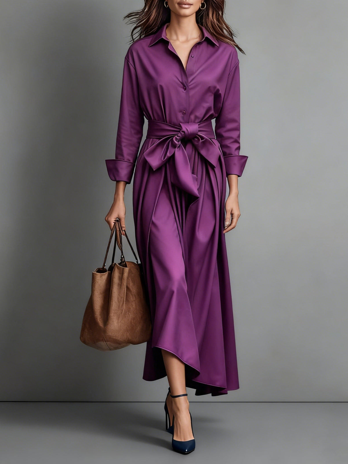 Women's Maxi Shirt Dress – Tie Belt A-Line Fit