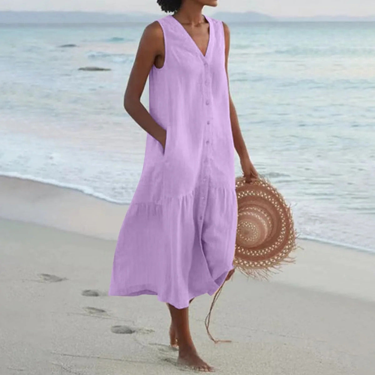 Women's Linen Slip Maxi Dress – Adjustable Strap A-Line