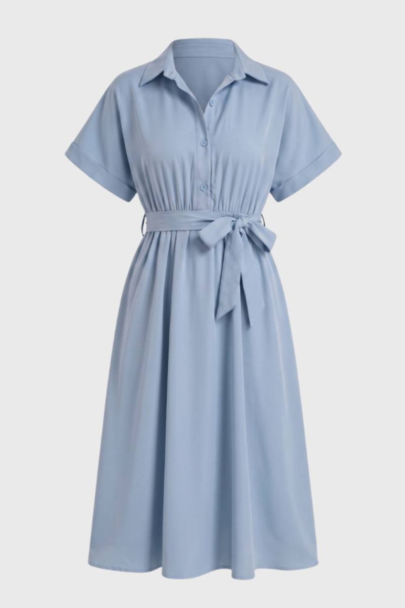 Women's Belted Shirt Dress – Short-Sleeve Midi Length