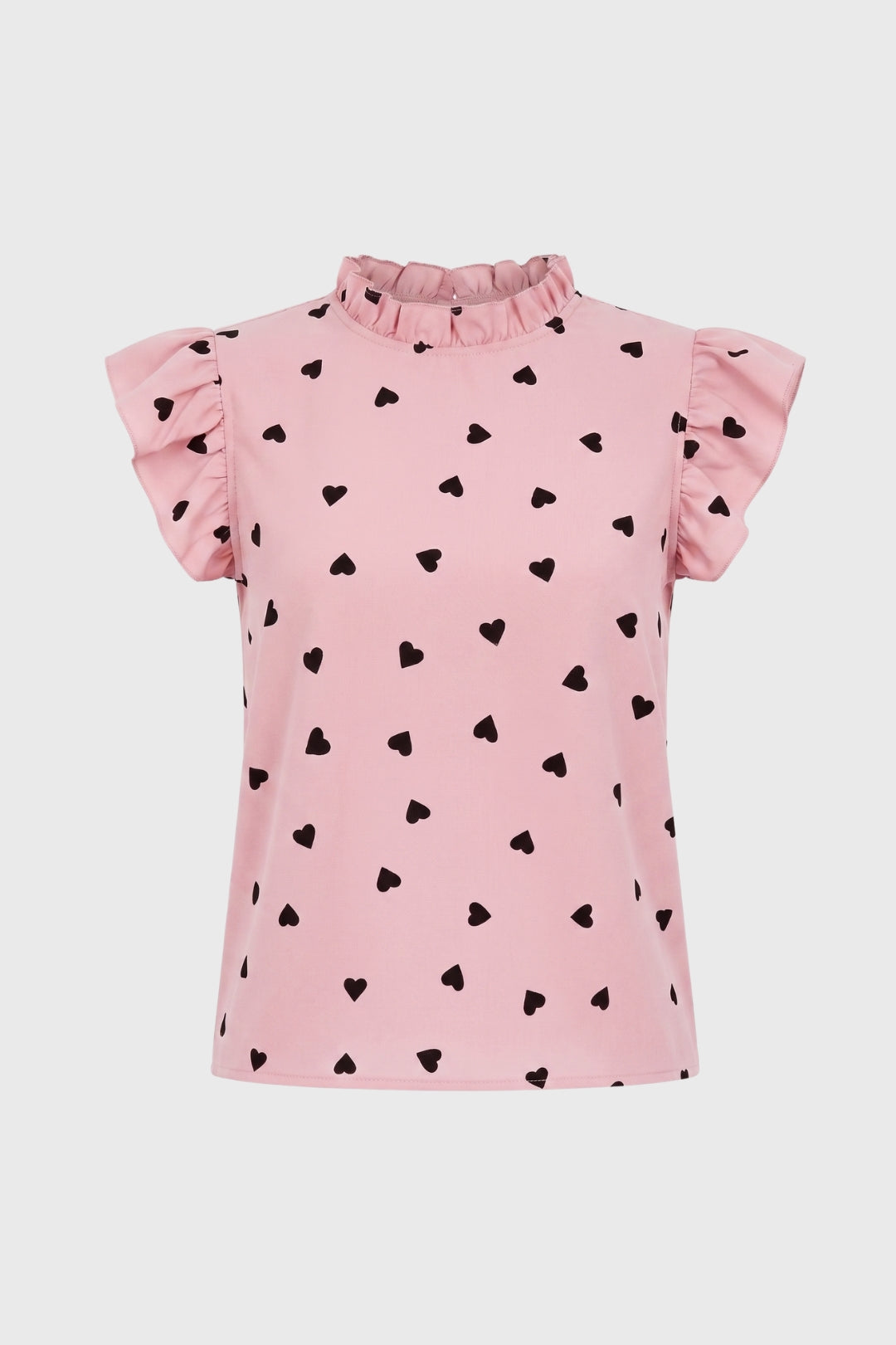 Women's Heart Print Ruffle Sleeve Top – Ruched High Neck