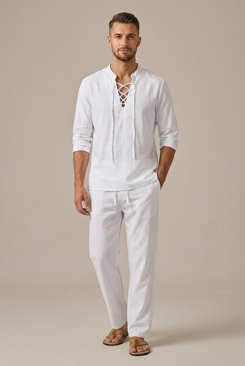 Men's Two-Piece Set – Lace-Up V-Neck Shirt & Pants