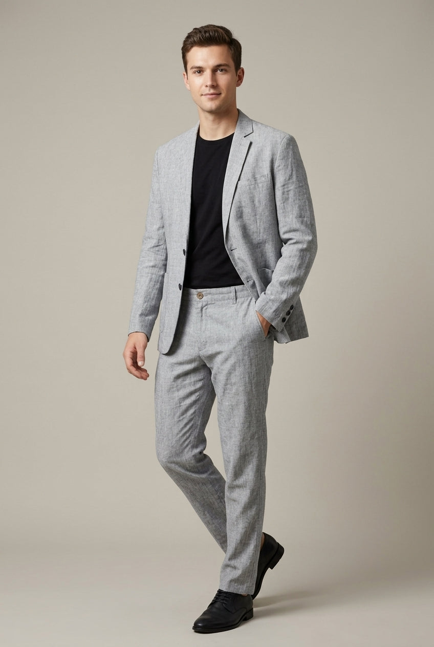 Men's Linen-Blend Suit Set – Single-Button Blazer and Pants