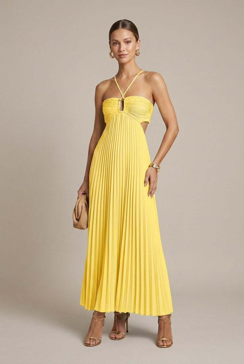 Women's Pleated Halter Maxi Dress – Tie-Back Cutout