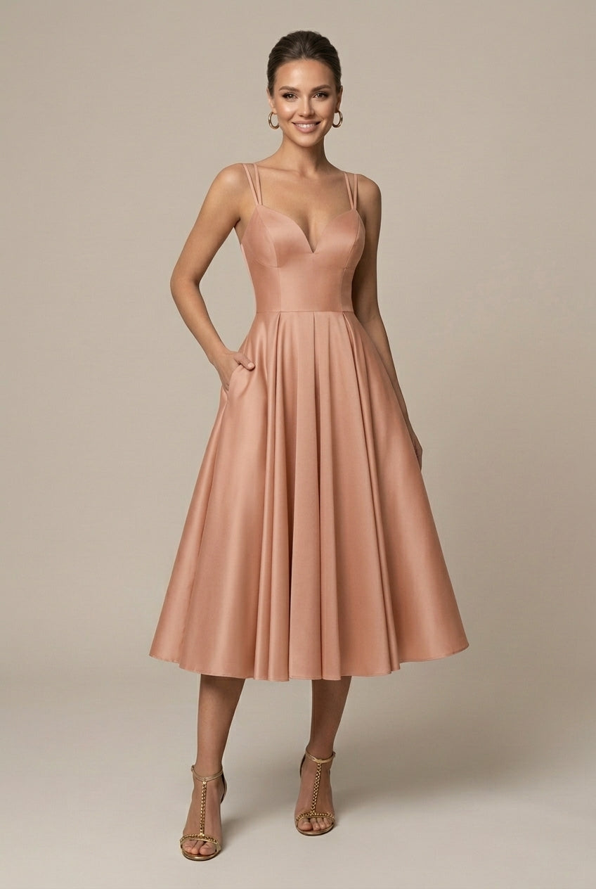 Women's A-Line Midi Dress – V-Neck Double Straps