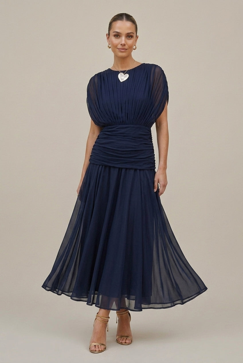 Women's Chiffon Maxi Dress – Off-Shoulder Gathered Waist