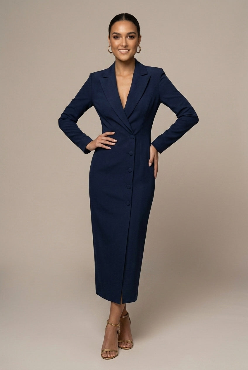 Women's Blazer Midi Dress – Notch Lapel Button Front