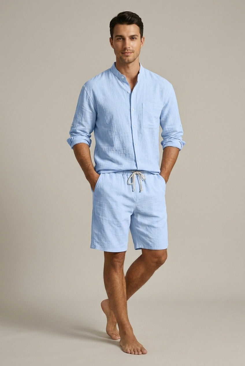 Men's Linen-Look Shirt and Shorts Set – Band Collar Relaxed Fit