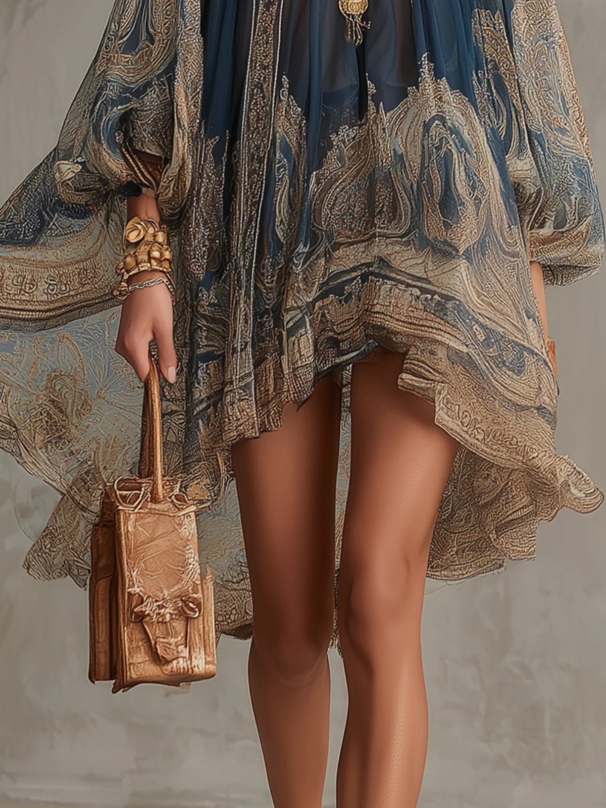Women's Baroque Print Mini Dress – High Neck Asymmetric Hem