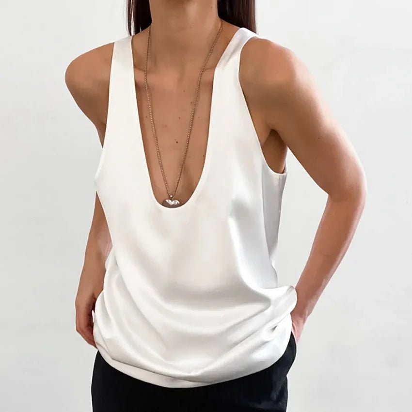 Women's Satin Tank Top – Plunging U-Neck Relaxed Fit
