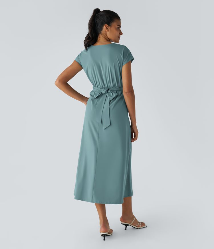 Women's V-Neck Midi Dress – Elastic Waist Flared Fit