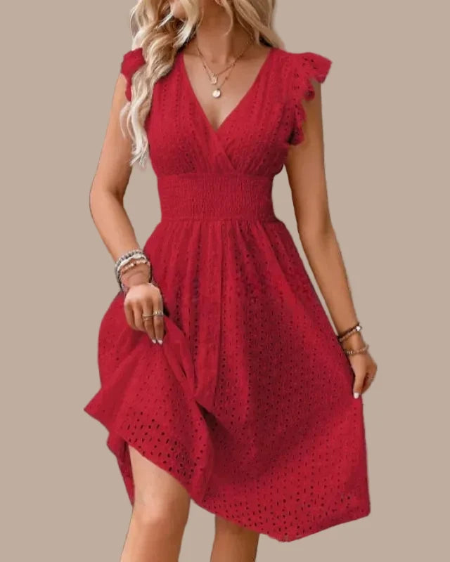 Women's Eyelet Midi Dress – Surplice Neck Ruffle Sleeve