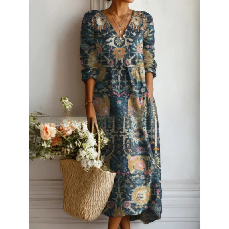 Women's Printed Midi Dress – Mosaic V-Neck Relaxed Fit