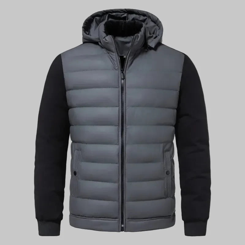 Men's Hybrid Hooded Jacket – Quilted Front, Rib-Knit Sleeves
