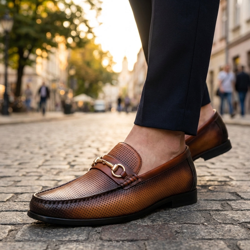Men's Perforated Leather Loafers – Cushioned Non-Slip Sole
